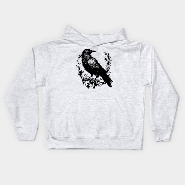 Black Raven on the tree Kids Hoodie by lkn